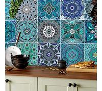 ANHUIB 18Pcs Moroccan Tile Stickers for Kitchen,Mandala Tile Sticker for Bathroom,Self Adhesive Wall Tile Stickers,Waterproof Mosaic Tile Decal,Vintage Stair Sticker for Living Room Home Decor 15x15cm