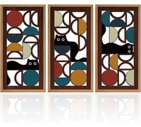 ANHUIB 3 Pcs Boho Black Cat Wall Decor Framed Abstract Wall Art Geometric Wood Artwork Mid Century Modern Artwork Geometric Cat Hanging Decor for Living Room Bedroom Office Lovely Cat Gifts 20x40cm