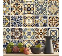 ANHUIB 30 Pcs Moroccan Tile Stickers Tile Decals for Kitichen Mandala Sticky Tiles for Bathroom Yellow Mosaic Adhesive Wall Sticker for Toilet Living Room Home Decor Vinyl Stick on Tiles 15x15CM