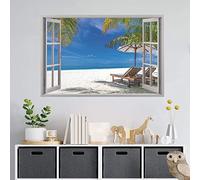 ANHUIB 3D Beach Wall Sticker, Beach Palm Tree Window View Sticker, Summer Poster, Modern Stickers for Living Room, 3D Breakthrough Wall Sticker for Living Room, Bedroom, Kitchen, Hallway, Bathroom