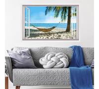 ANHUIB 3D Fake Window Wall Sticker 3D Beach Wall Stickers Seaside Landscape Wall Stickers 3D Sea View Wall Art for Living Room Mural Decals for Bedroom Bathroom Removable Seascape Decals 84×52cm