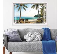 ANHUIB 3D Fake Window Wall Sticker Palm Tree Wall Stickers Seaside Landscape Wall Stickers 3D Sea View Wall Art for Living Room Mural Decals for Bedroom Bathroom Removable Seascape Decal Decor 84×52cm
