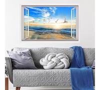 ANHUIB 3D Fake Window Wall Sticker Seagull Beach Wall Stickers Seaside Landscape Wall Stickers 3D Sea View Wall Art for Living Room Mural Decals for Bedroom Bathroom Removable Seascape Decals 84×52cm
