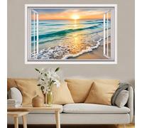 ANHUIB 3D Fake Window Wall Sticker Seaside Sunset Wall Stickers Seaside Landscape Wall Stickers 3D Sea View Wall Art for Living Room Mural Decals for Bedroom Bathroom Removable Seascape Decals 84×52cm