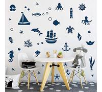 ANHUIB 40 Piece Bathroom Wall Stickers - Underwater World & Cartoon Fish Sailing Boat - Boys Room Animals Wall Sticker