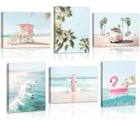 ANHUIB 6Pcs Framed Beach Canvas Wall Art Tropical Summer Ocean Coastal Poster Palm Tree Beachy Wall Prints Ocean Surfing Seascape Wall Decor Canvas Picture Ready to Hang for Bedroom Living Room Decor