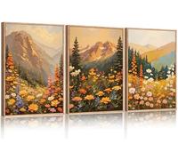 ANHUIB Boho Sunset Framed Canvas Wall Art Set of 3 Colorful Wildflower Daisy Flower Wall Decor Boho Blossom Botanical Artwork Modern Nature Mountain Landscape Art Print for Living Room Bedroom 12"x16"