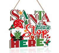 ANHUIB Christmas Welcome Sign for Front Door - Santa Please Stop Here Wall Decoration, Wooden Outdoor Porch Decor Farmhouse Sign, Door Hanging for Home House Wall Decor