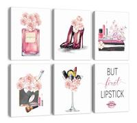 ANHUIB Fashion Women Office Wall Decor,Pink Wall Art For Girls Bathroom Set, Modern Make Up Canvas Pictures,Beauty Print Set of 6(8”X10”,framed) Esthetic Highheel Decoration For Lady Girls room Decor