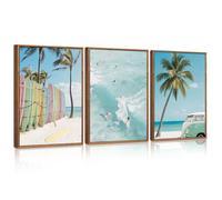 ANHUIB Framed Coastal Beach Wall Art Set of 3 Pastel Surfboard Palm Tree Canvas Prints Ocean Surfing Retro Van Artwork Tropical Surf Beach Framed Wall Art for Living Room Bedroom Bathroom 30×40cm