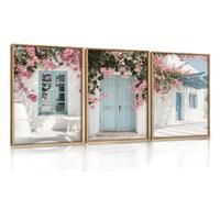 ANHUIB Greek Island Street Framed Canvas Wall Art Set of 3 Santorini Wall Decor Pink Flower Artwork European Cityscape Art Prints Landscape Artwork for Living Room Dining Room Bedroom Office 12"x16"x3