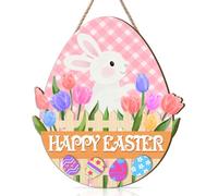 ANHUIB Happy Easter Wooden Sign Spring Bunny Rabbit Door Decor Easter Egg Hanging Sign Welcome Front Door Signs Flower Bunny Wall Decor for Garden Porch Window Party Home Farmhouse Outdoor Decoration
