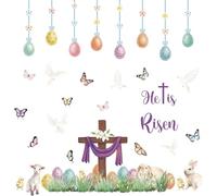 ANHUIB He is Risen Easter Wall Decal Bunny Wall Sticker Religious Cross Window Stickers Easter Eggs Window Clings Flower Butterfly Wall Decals for Spring Living Room Bedroom Kitchen Decoration