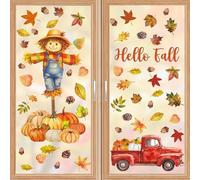 ANHUIB Hello Fall Window Clings Thanksgiving Wall Decorations Autumn Harvest Wall Decals Maple Leaves Scarecrow Truck Wall Stickers,Pumpkin Window Clings for Home School Classroom Garden Farmhouse