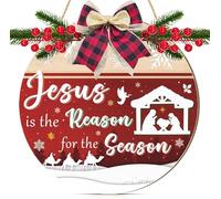 ANHUIB Merry Christmas Door Sign, Christmas Jesus Wooden Decorative, Nativity Scene Plaque, Jesus Is The Reason For The Season Hanging Sign, Xmas Welcome Bow Wreath for Home Porch Outdoor Indoor