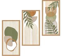 ANHUIB Sage Green Wall Art Framed Set of 3 Boho Wooden Wall Art Abstract Minimalist Wooden Wall Decor Geometric Aesthetic Botanical Artwork Bohemian Style Decor for Living Room Bedroom Office 20X40cm