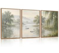 ANHUIB Set of 3 Framed Canvas Wall Art Swan Canvas Prints Willow Tree Landscape Artwork Neutral Landscape Picture Vintage Misty Lake Picture Framed for Living Room Bedroom Hallway Home Decor 30×40cm