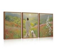 ANHUIB Set of 3 Jesus and Lamb Wall Decor Christian Framed Canvas Wall Art Leaves The 99 Sheep Wall Decor Mountain Sunset Flower Bible Artwork for Living Room Bedroom Dining Room Office 30x40cm