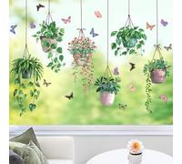 ANHUIB Spring Plant Window Stickers Green Leaves Flower Birds Window Clings Tropical Botanical Cactus Window Stickers Hanging Green Potted Plant Window Decals Anti-Collision Glass Sticker