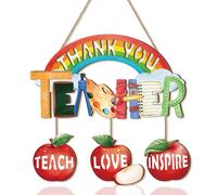 ANHUIB Thank You Teacher Wooden Hanging Sign Rainbow Apple Wall Plaque Teach Love Inspire Teacher Appreciation Hanging Door Sign Classroom Home Wall Decor End of Term Teacher Gift