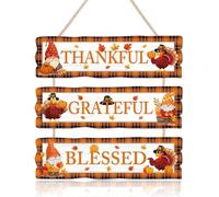 ANHUIB Thankful Grateful Blessed Wooden Sign Autumn Door Wooden Hanger Fall Thanksgiving Hanging Plaque Pumpkin Maple Leaves Hanger for Living Room Bedroom Front Door Thanksgiving Day Party Decoration