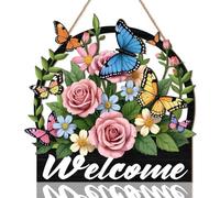 ANHUIB Welcome Sign Front Door Colorful Welcome Hanging Wall Art Flower Butterfly Wooden Wall Decor Gargen Wood Plaque Home Decor for Outdoor Porch Garden Gate Hanger Farmhouse House Signs for Outside