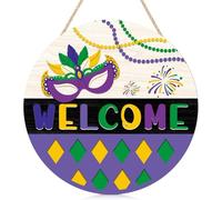 ANHUIB Welcome Sign Mardi Gras Decorations for Home Happy Mardi Gras Wall Sign Wreath Wall Hanging Sign Welcome Wooden Wall Decor Rustic Purple Yellow Green Mardi Gras Decor Carnival Party Decorations