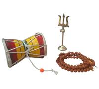 ANI DIVINE Handcrafted Wooden Damru with 5 Mukhi Rudraksha Mala 108 Beads & Brass Shiva Trishul for Pooja, Prayer, Home Temple, Mantra Jaap