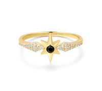 ANIA HAIE Dusk Divas Black Onyx Star Women's Ring, 925 Sterling Silver, 14 Carat Gold Plated, Covered with 1 Black Agate and 32 Cubic Zirconia, Size 54, Includes Gift Box