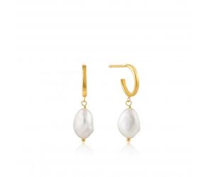 Ania Haie Shiny Gold Pearl Mini Hoop Earrings E019-02G - Modern Style | - Sterling Silver / Gold Plated / Pearl