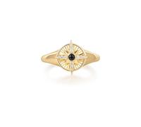 ANIA HAIE Sunshine Chaser Star Signet Women's Ring, 925 Sterling Silver, 14 Carat Gold Plated, 1 Black Agate and 12 Cubic Zirconia, Size EUR, Size 56, Includes Gift Box