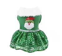 ANIAC Christmas Pet Clothes Xmas Small Dog Dress with Elk Snowman Decoration Cat Christmas Apparel Sequined Santa Puppy Skirt Holiday Theme Girls Dog Clothing (Medium, Green)
