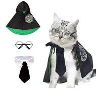ANIAC Dog Cat Halloween Costume 3 Pieces Pet Clothes with Cloak Glasses Tie Halloween Outfit Puppy Wizard Cosplay for Kitten Cat Small Dogs (Black + Green)