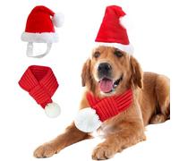 ANIAC Dog Christmas Hat and Scarf Set 2 PCS Adjustable Pet Santa Outfit Fall Winter Red Knitted Scarf with White Pompom Christmas Pet Costume Accessories for Medium Large Dog (Red Hat+Scarf, Large)