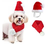 ANIAC Dog Santa Hat and Scarf Set Christmas Small Dog Outfits Fall Winter Red Knitted Cat Scarf with White Pompom Pet Santa Costume Decoration for Puppy and Cats(Red Hat+Scarf, Small)