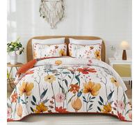 Anibedding Floral Quilt Set King Size, Burnt Orange Bedspread with 2 Pillowcases, Soft Microfiber Lightweight Coverlet Bedding Set for All Season(104"x90")