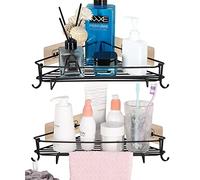 Anicoll SUS304 Corner Shelf Shower Basket Self-Adhesive Stainless Steel Shower Shelf Multifunctional Kitchen Shelves with 4 Hooks 2 Towel Holders Shower Storage Pack of 2