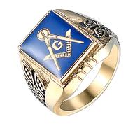 ANIEJUFI Men's Stainless Steel Gold Plated Freemason Masonic Rings Blue Master Mason Signet Biker Band, Metal, No Gemstone