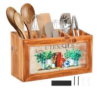 Anihet Kitchen Utensils Holder, Wooden Cooking Utensil Organizer with 3 Compartment and Drainage Bottom, Farmhouse Cutlery Caddy Cooking Tools Storage for Countertop(Brown)