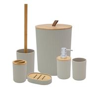 Anika 6 Piece Stone Bathroom Accessory Set, Modern Bathroom Essentials | Toothbrush Holder, Waste Bin, Toilet Brush, Cup, Soap Dish, Soap Dispenser, Stylish Bathroom Storage Set, Wood Effect Accents