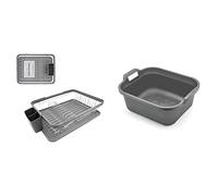 Anika 69069 Kitchen Dish Drainer Rack / Separate Cutlery Holder / Grey Colour / 41 x 32 x 9.5cm & Addis 517935 Large Rectangular 10 Litre Washing Up Bowl with Handles, Metallic Silver, 39 x 32 x 14 cm