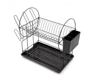 Anika 69159 2 Tier Dish Drainer Rack/Black Detachable Cutlery & Utensils Holder and Removable Drip Tray/Durable and Space Saving for Kitchen Countertop / 35 x 36 x 23.5 cm