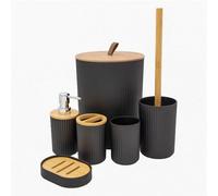 Anika Bathroom Accessory Set/Modern Bathroom Essentials Set/Includes Toothbrush Holder, Waste Bin, Toilet Brush, Cup, Soap Dish and Soap Dispenser (Black)