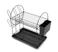 Anika Black 2 Tier Dish Drainer Rack, Removable Cutlery Holder | Space Saving Dish Drying Rack, Detachable Drip Tray, Durable Kitchen Worktop Storage, Plates, Bowls, Cups, 35 x 36 x 23.5cm