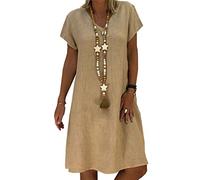 Anikigu Women's V Neck Summer Dress Short Sleeve Casual Midi Dress Vintage Ethnic Sundress Solid Color Loose Linen Dress Without Accessories T-Shirt Dresses Plus Size, Khaki