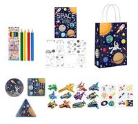 Anilas Complete Space Themed 10 Party Bags, Fillers & Favours - Mini Colouring Pencils, Colouring Puzzle Books, Pinball Mazes, Stickers, 3D Puzzle Spaceships & Party Bags.(Ideal for Children Aged 3-8)