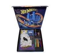 Anila's Hot Wheels Artcase Set - Colouring Case with 6 Cut-Out Vehicles, 5 Mini Markers, 2 Stampers, 60-Sheet Art Pad & Stickers - Creative Activity Kit for Kids Ages 4+
