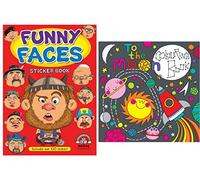 Anilas Set of 2 Books: Funny Faces Sticker Book by Anilas & to The Moon Colouring Book by Rachel Ellen Designs. Ideal for Children Aged 3-8