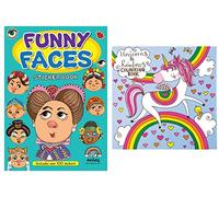 Anilas Set of 2 Books: Funny Faces Sticker Book by Anilas & Unicorns & Rainbow Colouring Book by Rachel Ellen Designs. Ideal for Children Aged 3-8