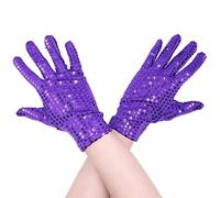 Aniler Unisex Wrist Length Full Finger Sequin Solid Color 80s Sparkling Glitter Costume Cosplay Party Short Gloves, Purple, One size